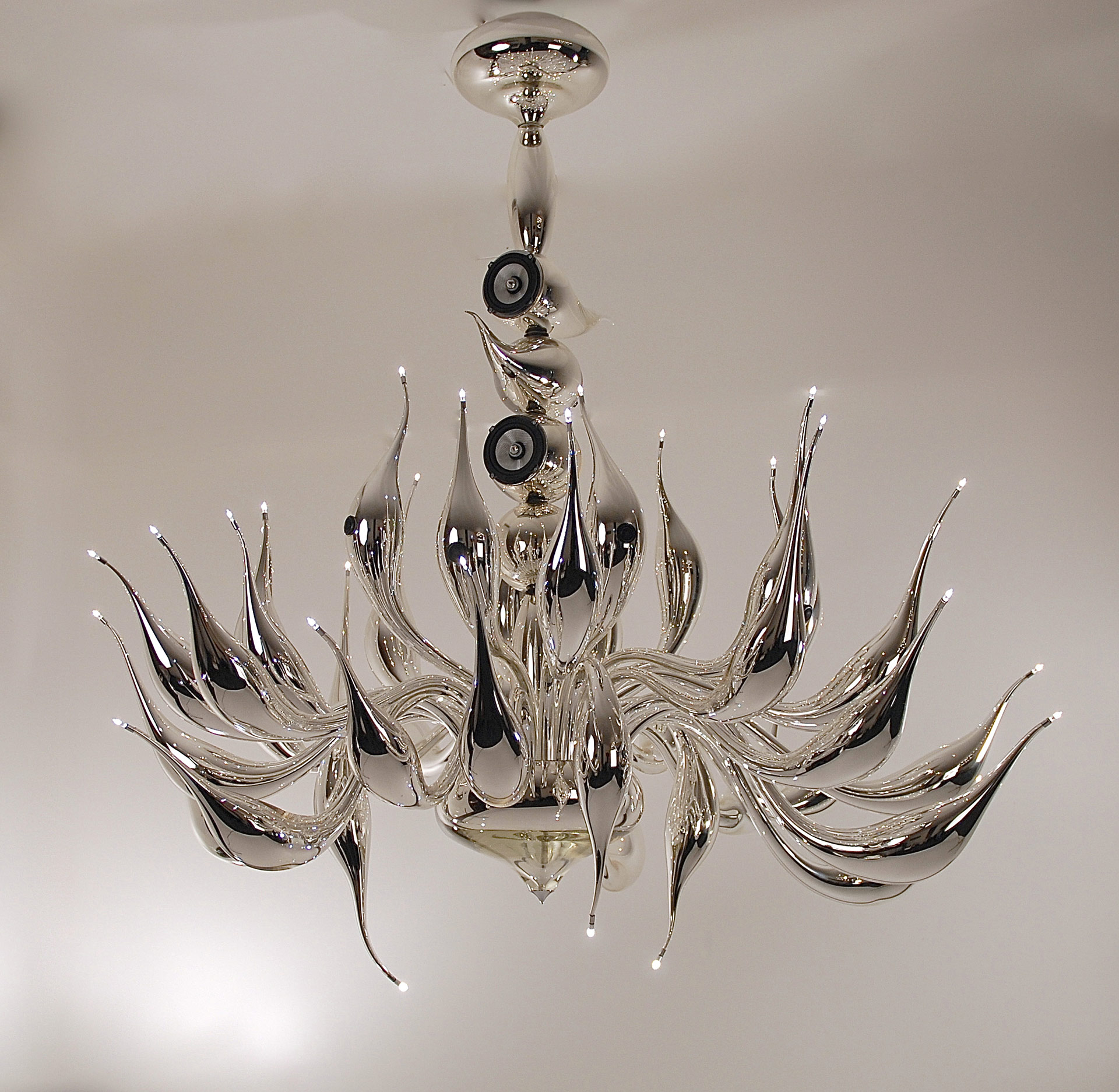 Silver modern chandelier with loudspeakers