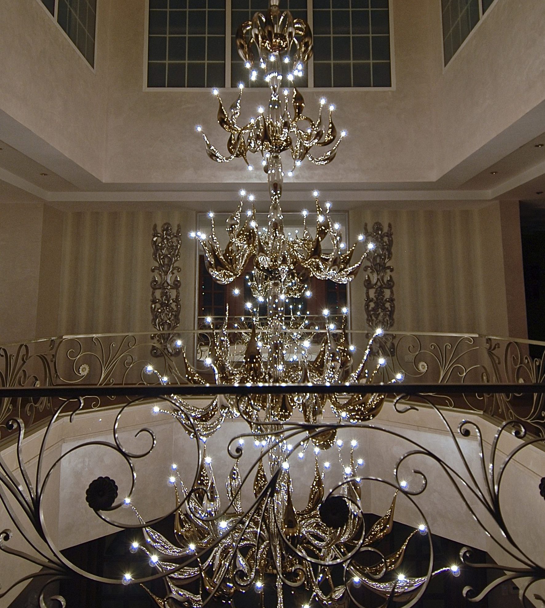 Very big modern chandelier in gold and silver Murano glass.