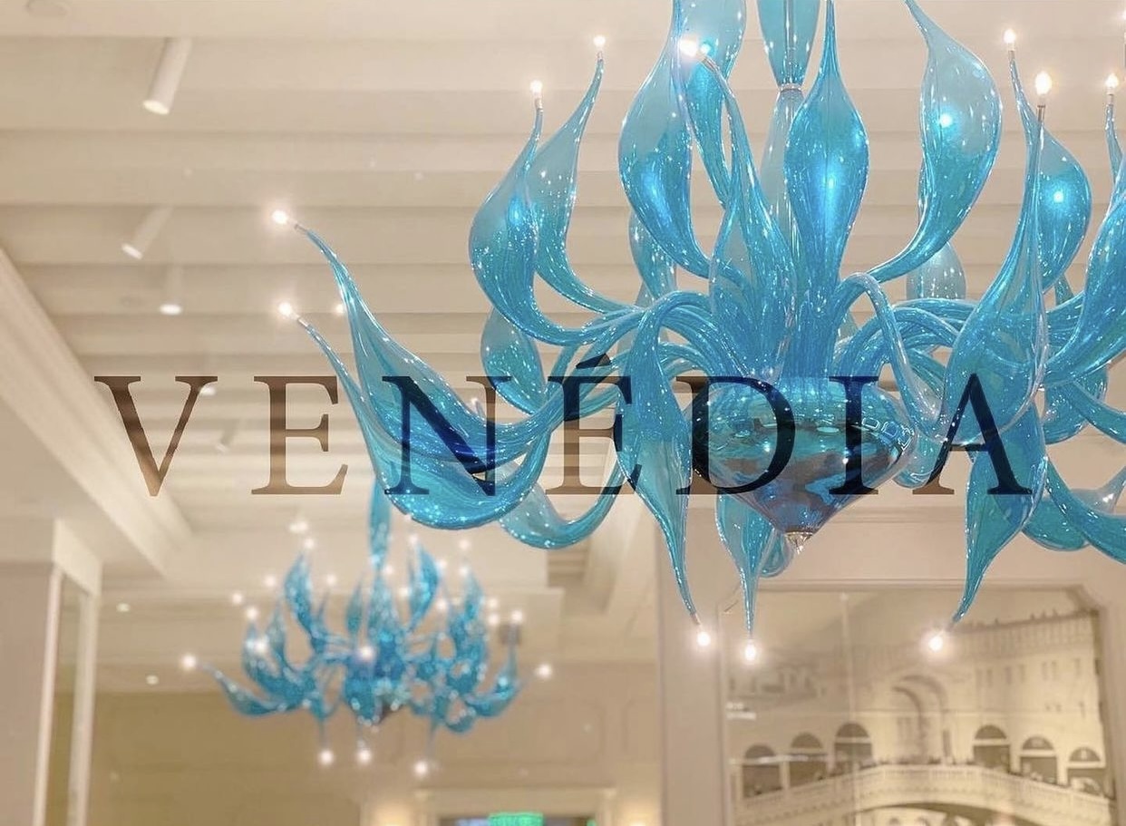 Turquoise blown glass chandeliers